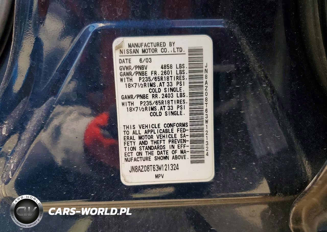 2003 Nissan Murano Sl VIN:JN8AZ08T63W121324 - 12