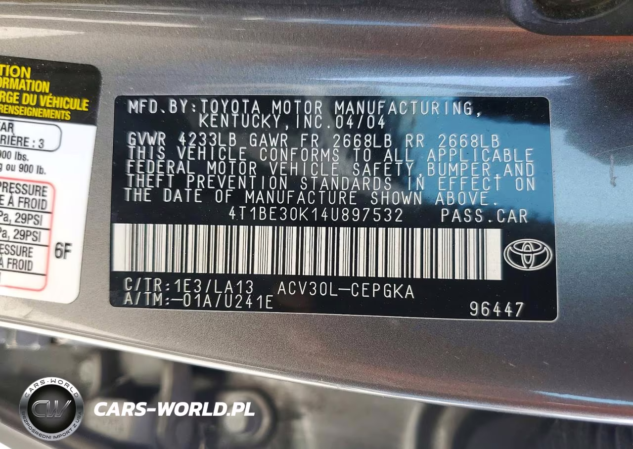 2004 Toyota Camry Xle VIN:4T1BE30K14U897532 - 12
