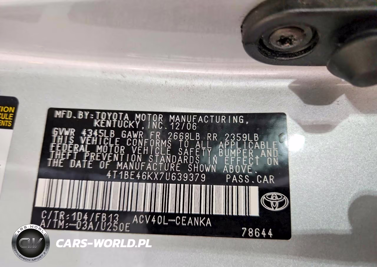 2007 Toyota Camry Le VIN:4T1BE46KX7U639379 - 12