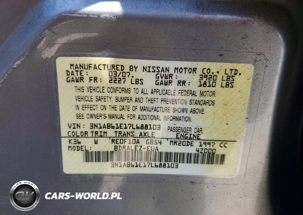 2007 Nissan Sentra 2.0 VIN:3N1AB61E17L688103 - 12