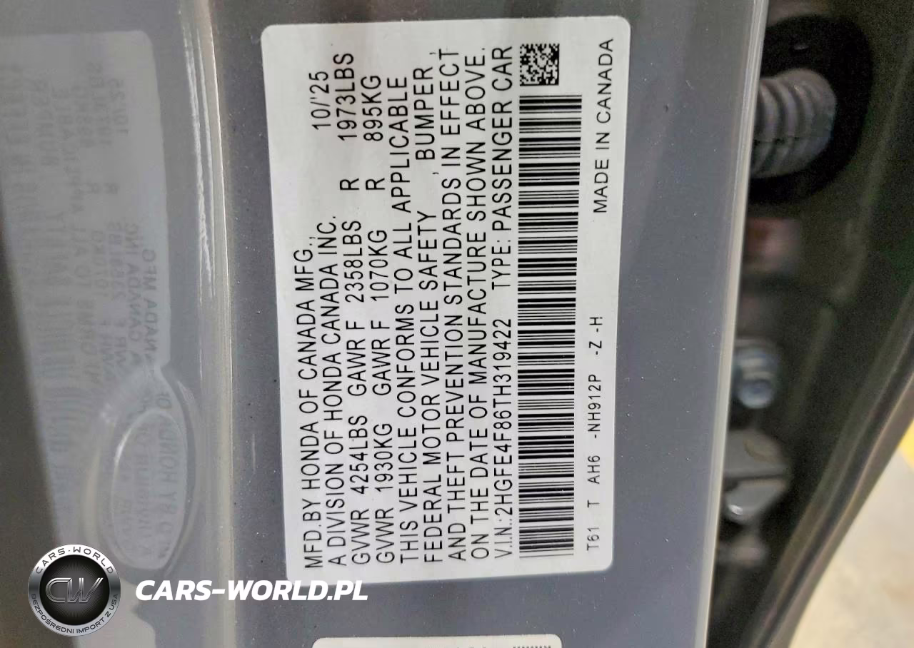 2026 Honda Civic Sport VIN:2HGFE4F86TH319422 - 12