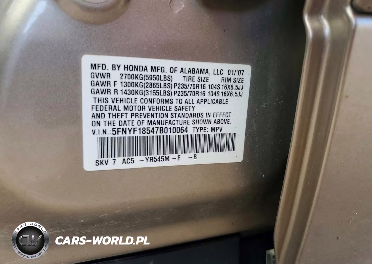 2007 Honda Pilot Exl VIN:5FNYF18547B010064 - 13