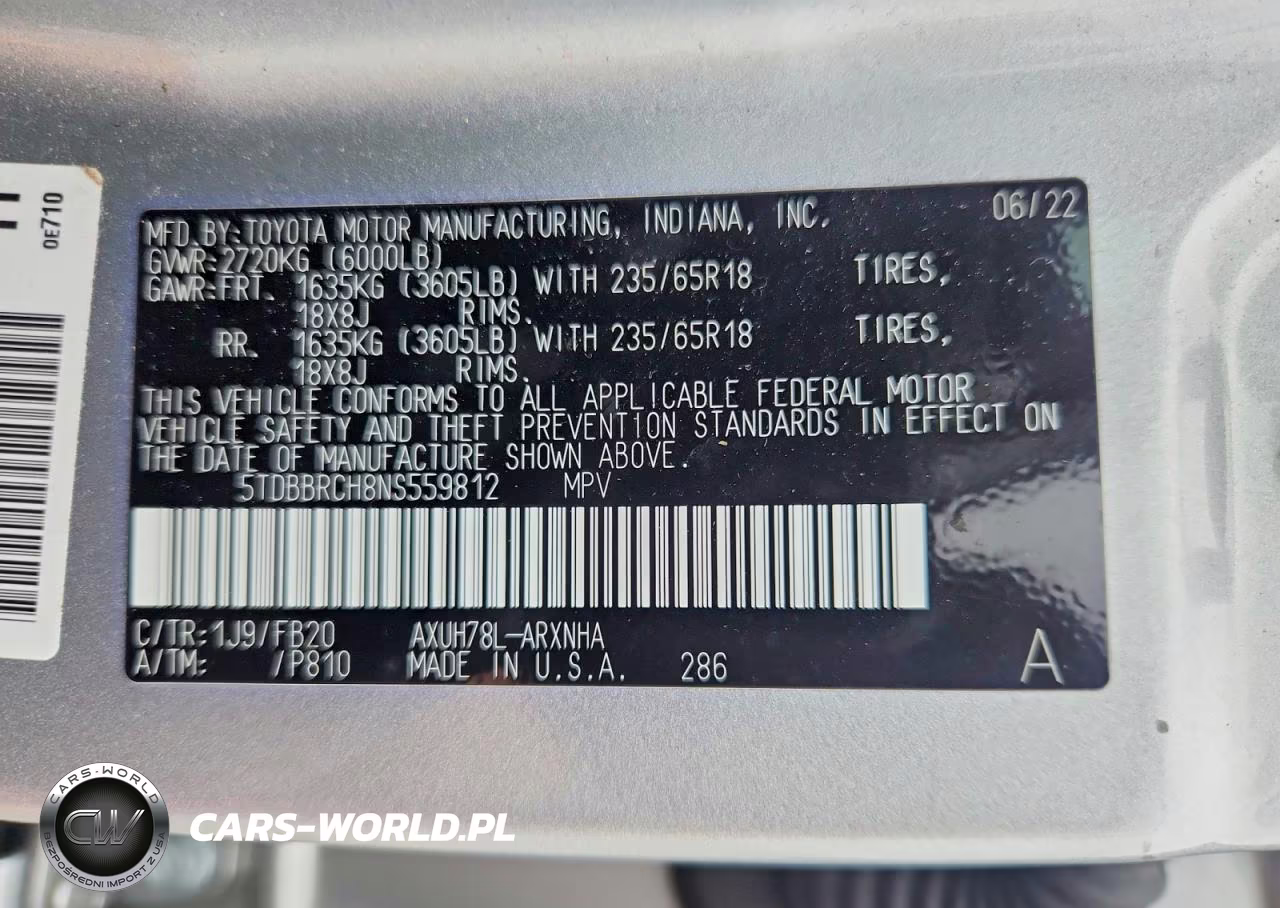 2022 Toyota Highlander Hybrid Le VIN:5TDBBRCH8NS559812 - 13
