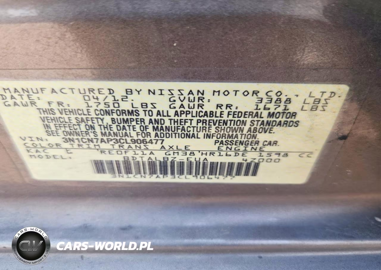 2012 Nissan Versa Sv VIN:3N1CN7AP3CL906477 - 12