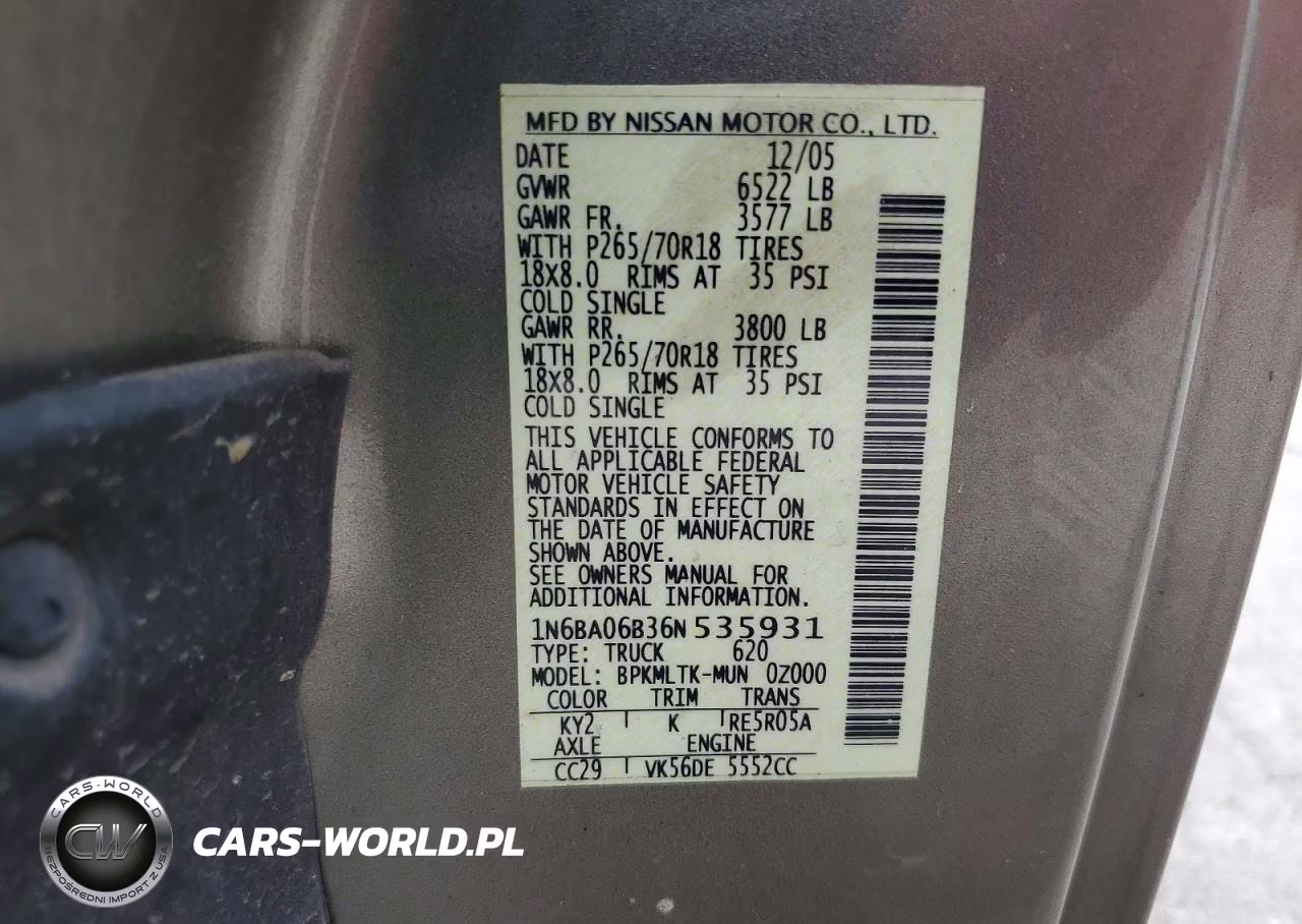 2006 Nissan Titan Xe Ffv VIN:1N6BA06B36N535931 - 12