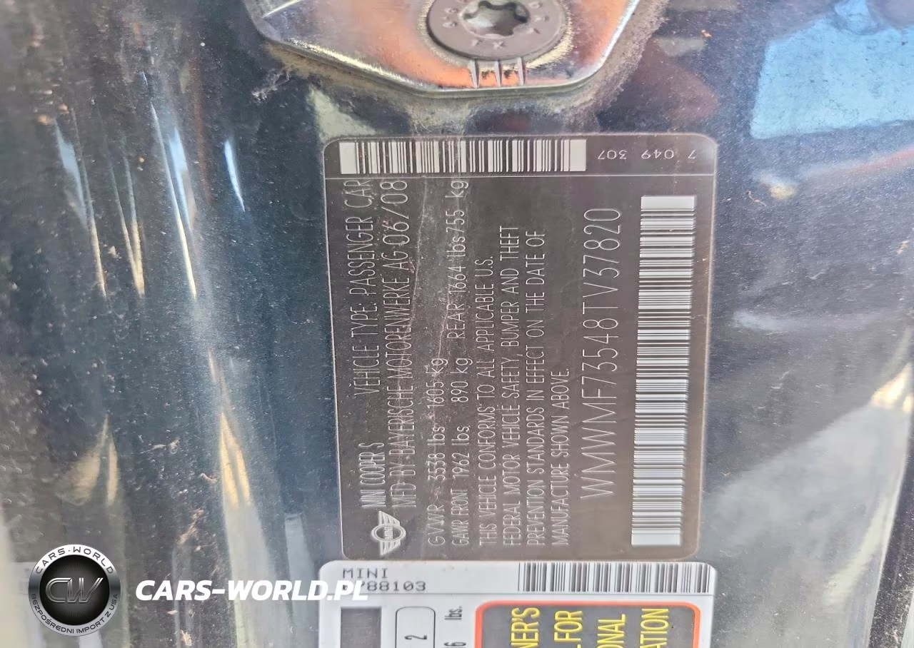 2008 Mini Cooper S VIN:WMWMF73548TV37820 - 12