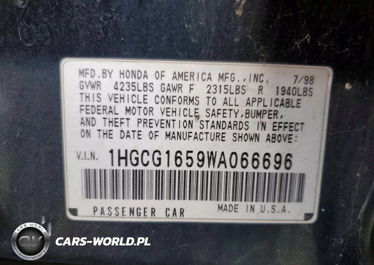 1998 Honda Accord Ex VIN:1HGCG1659WA066696 - 12