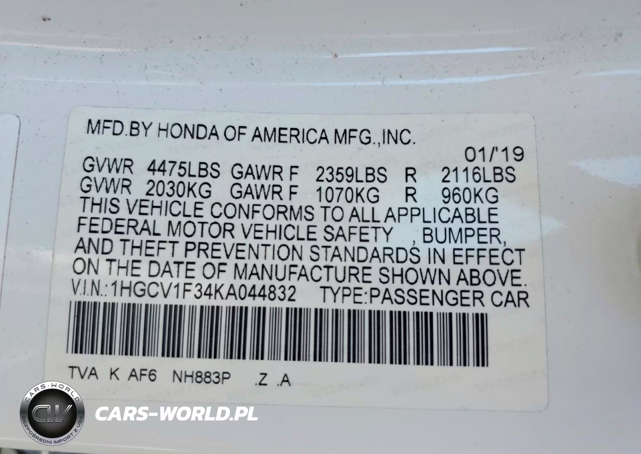 2019 Honda Accord Sport VIN:1HGCV1F34KA044832 - 12