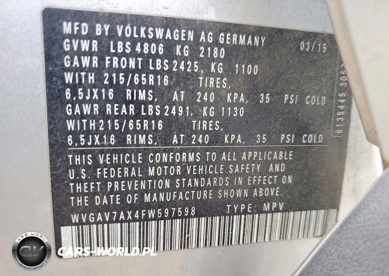 2015 Volkswagen Tiguan S VIN:WVGAV7AX4FW597598 - 13