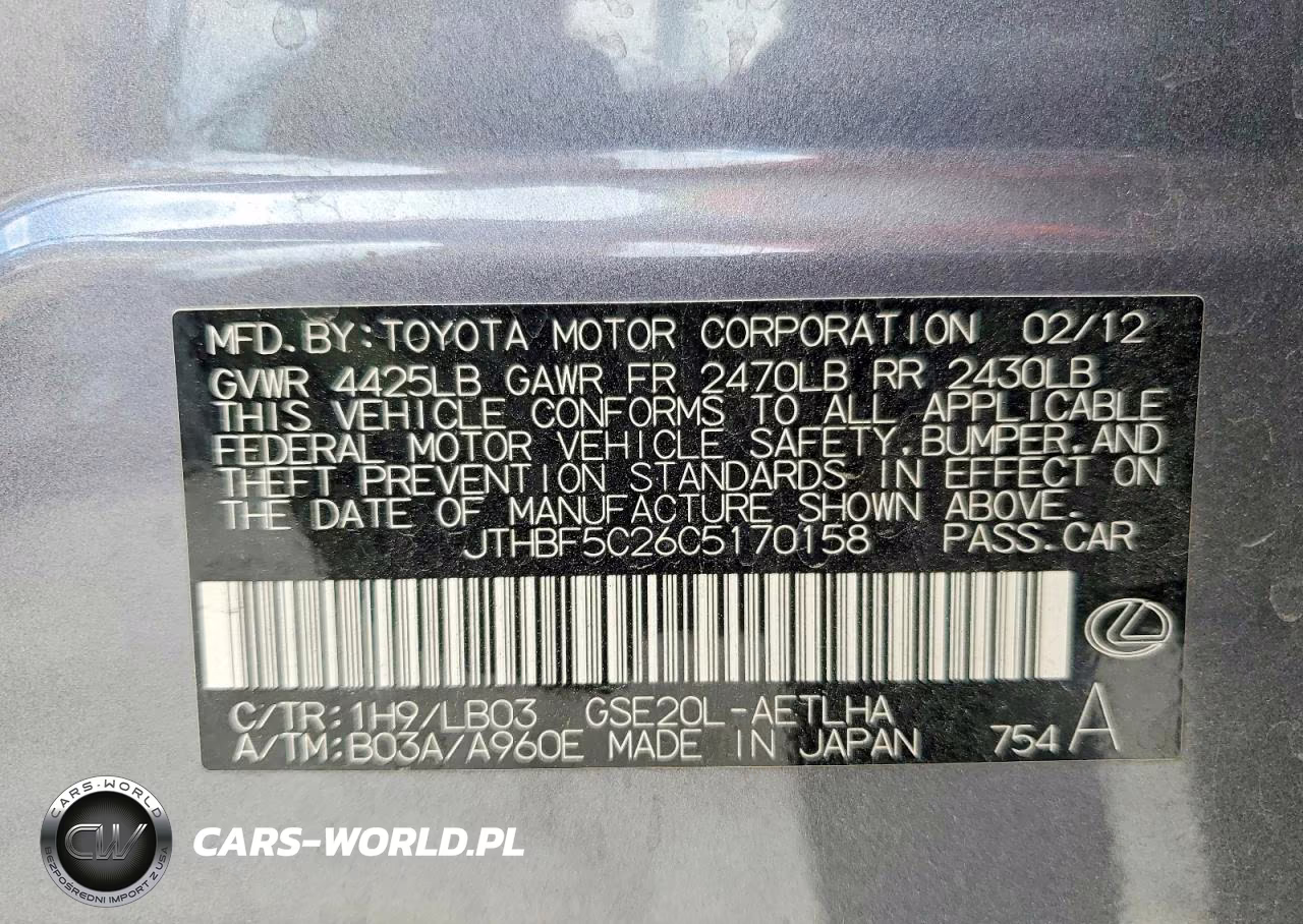 2012 Lexus Is 250 Base VIN:JTHBF5C26C5170158 - 12