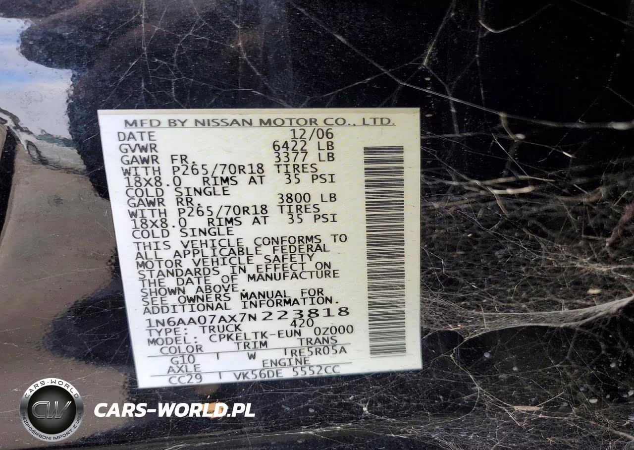 2007 Nissan Titan Xe VIN:1N6AA07AX7N223818 - 12