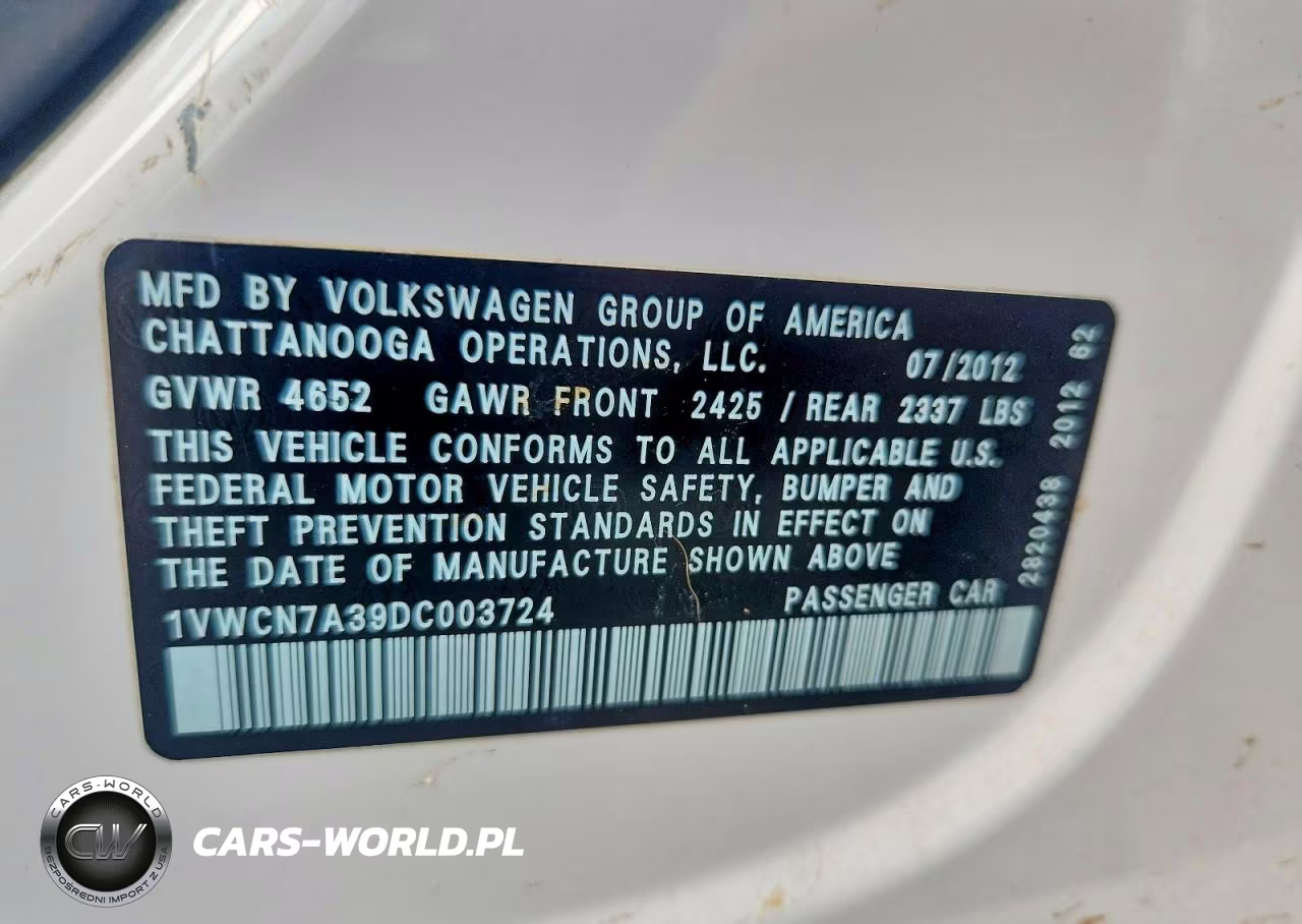 2013 Volkswagen Passat Sel VIN:1VWCN7A39DC003724 - 12