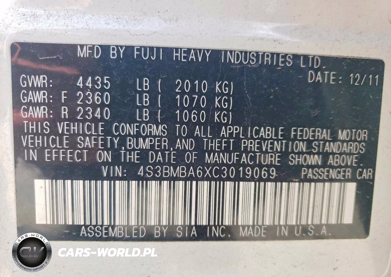 2012 Subaru Legacy 2.5I VIN:4S3BMBA6XC3019069 - 12
