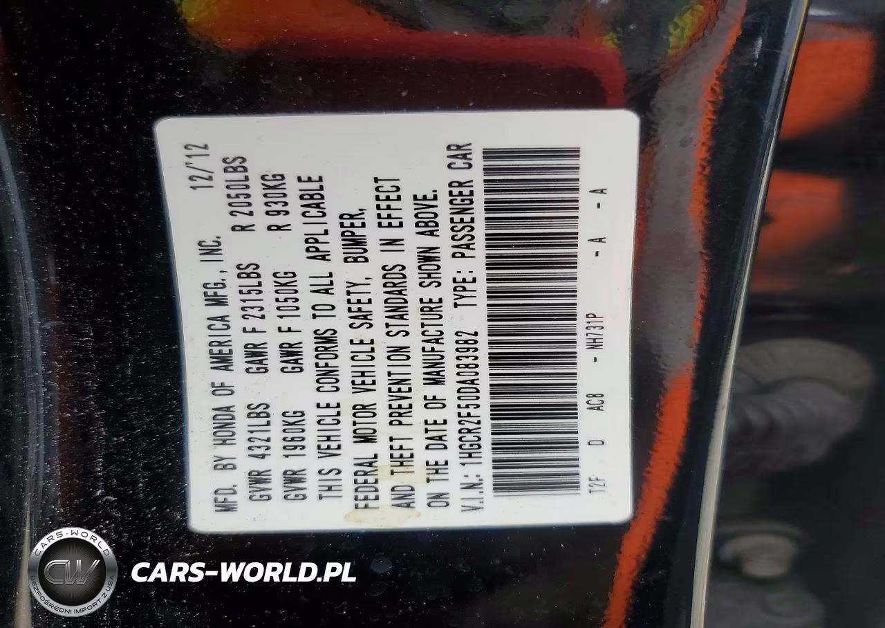 2013 HONDA ACCORD SPORT VIN:1HGCR2F50DA083982 - 12