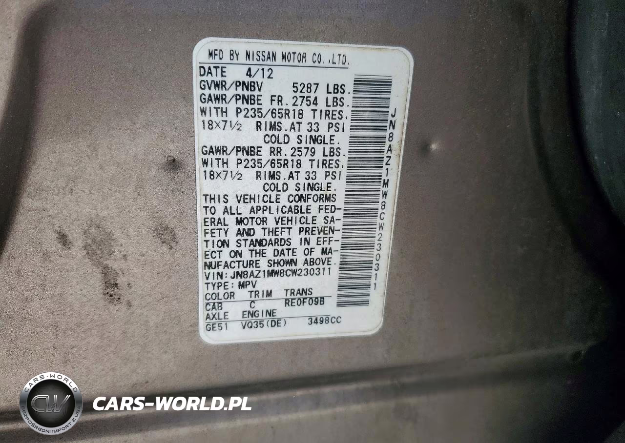 2012 Nissan Murano S VIN:JN8AZ1MW8CW230311 - 13