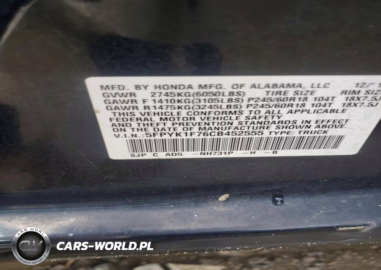 2012 Honda Ridgeline Sport VIN:5FPYK1F76CB452555 - 12