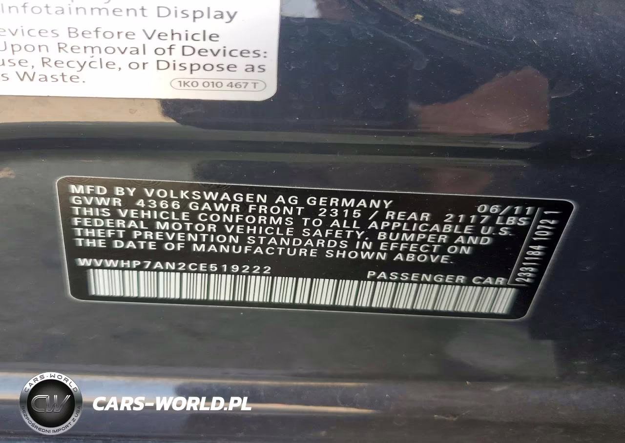 2012 Volkswagen Cc Luxury VIN:WVWHP7AN2CE519222 - 13