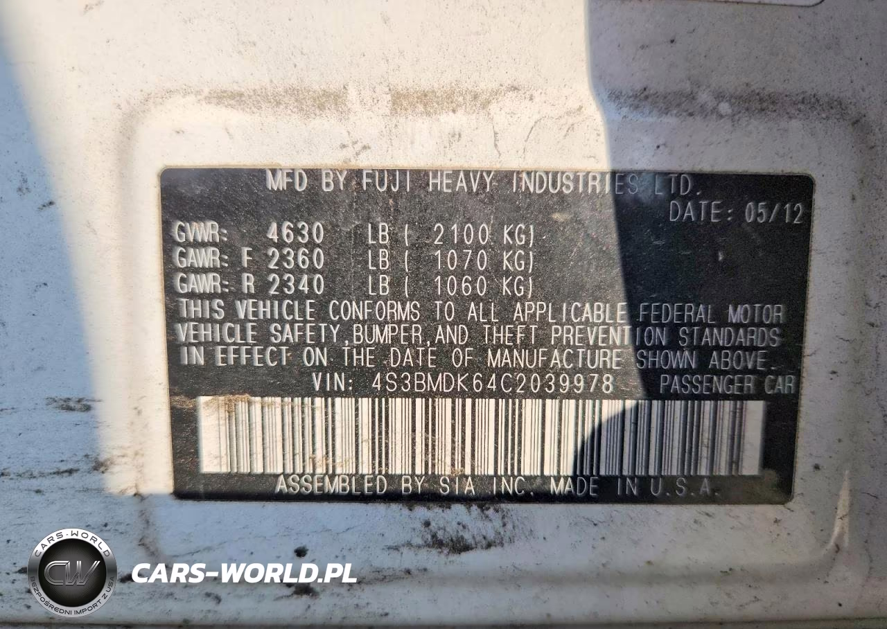 2012 Subaru Legacy VIN:4S3BMDK64C2039978 - 13