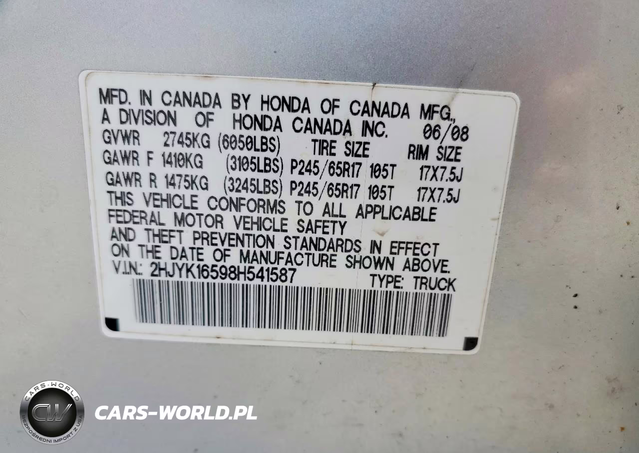 2008 Honda Ridgeline Rtl VIN:2HJYK16598H541587 - 12