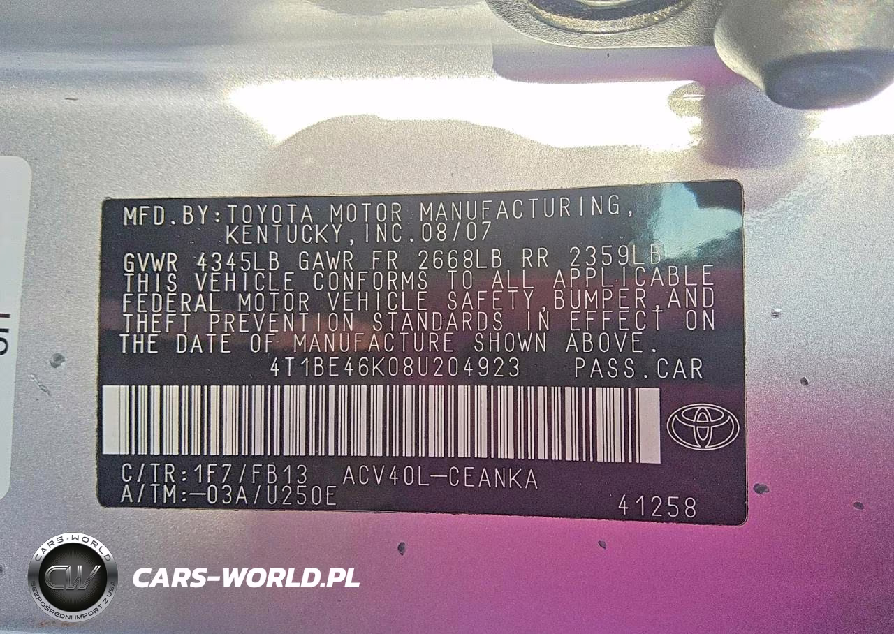 2008 Toyota Camry Le VIN:4T1BE46K08U204923 - 12