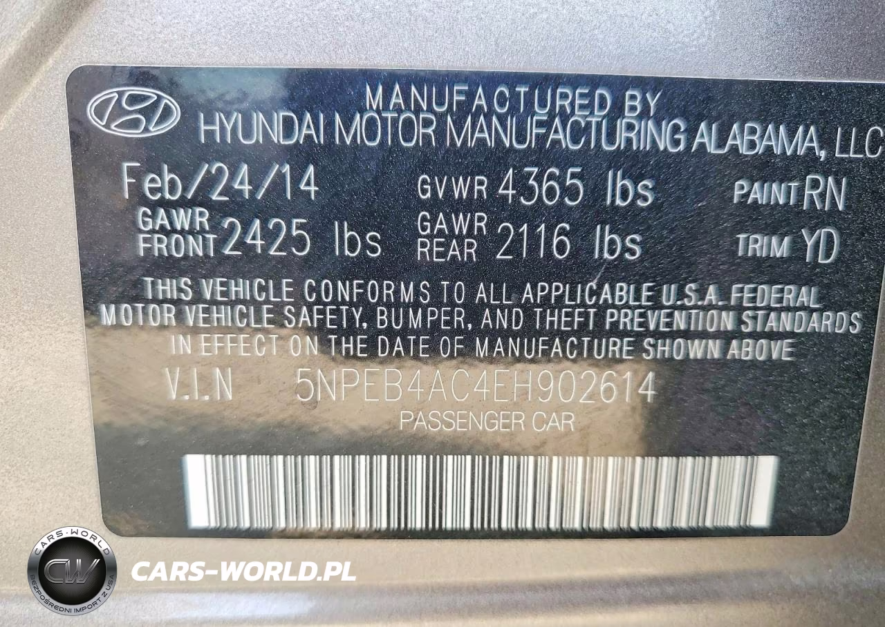 2014 Hyundai Sonata Gls VIN:5NPEB4AC4EH902614 - 12