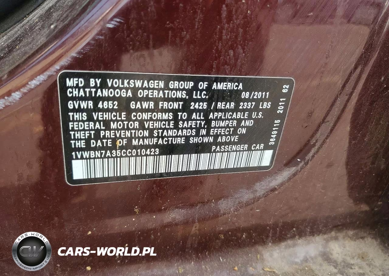 2012 Volkswagen Passat Se VIN:1VWBN7A35CC010423 - 12