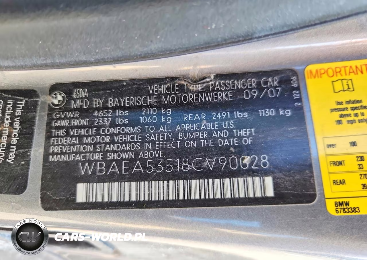 2008 BMW 650 I VIN:WBAEA53518CV90028 - 12