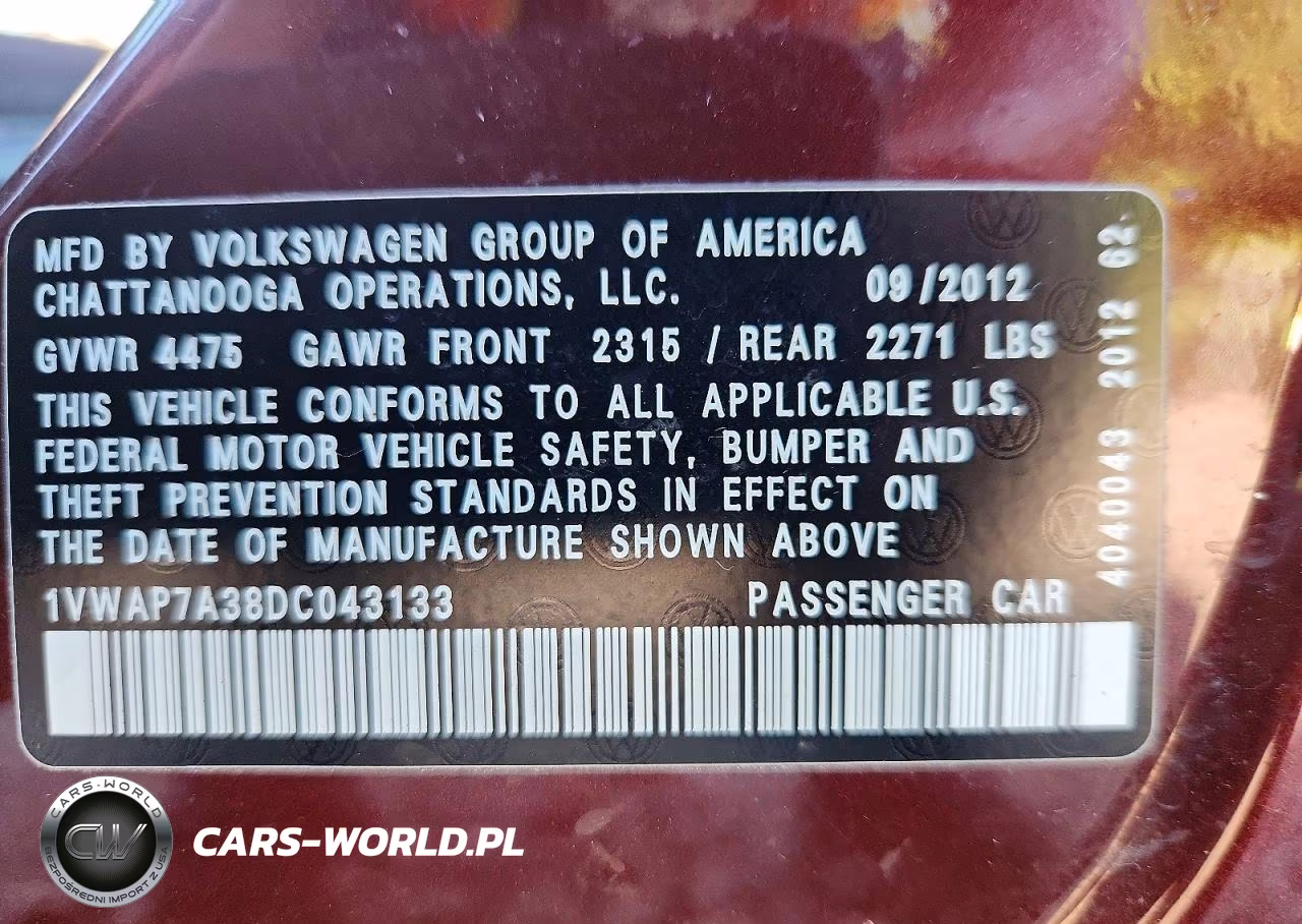 2013 Volkswagen Passat S VIN:1VWAP7A38DC043133 - 12