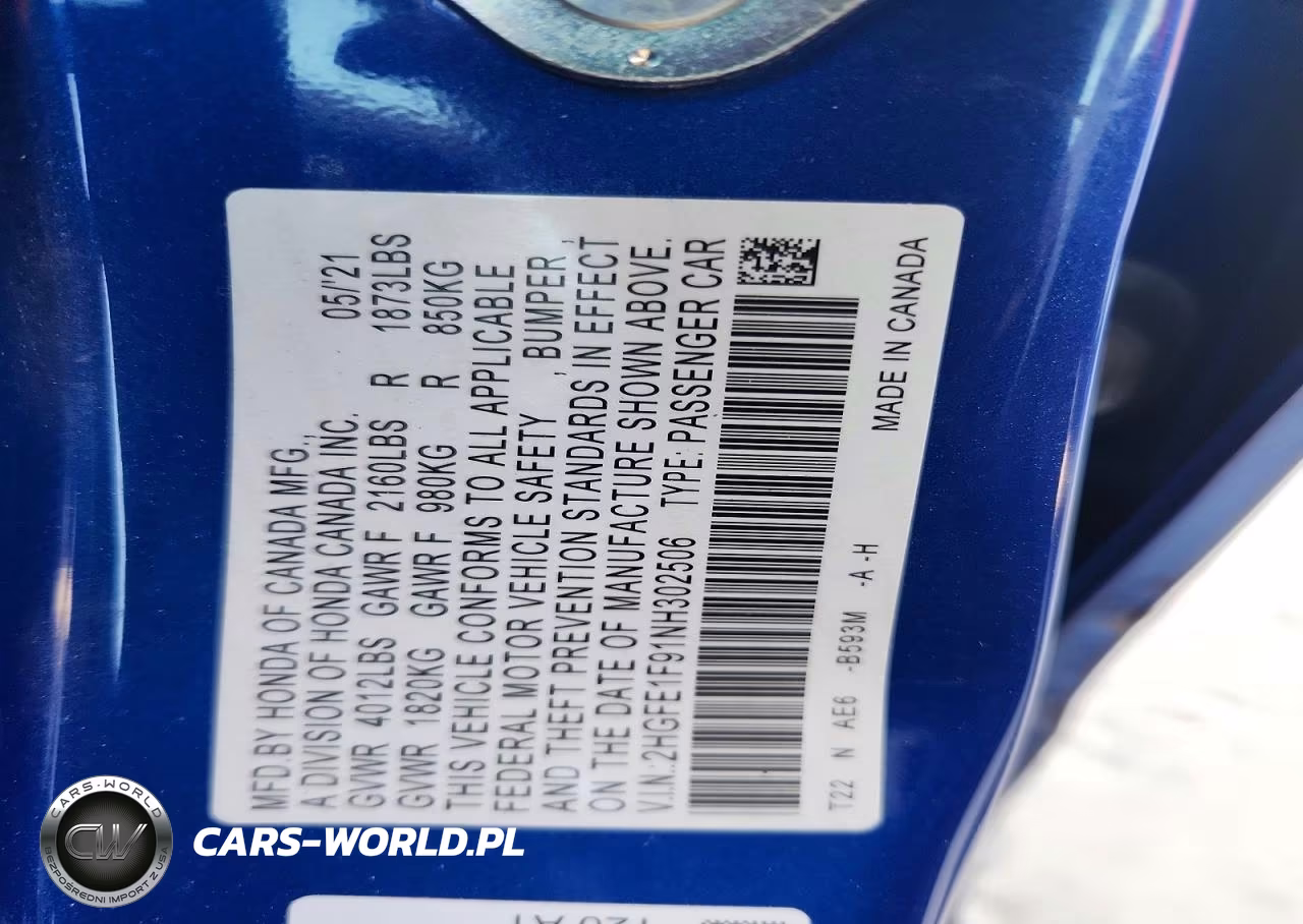 2022 Honda Civic Touring VIN:2HGFE1F91NH302506 - 12