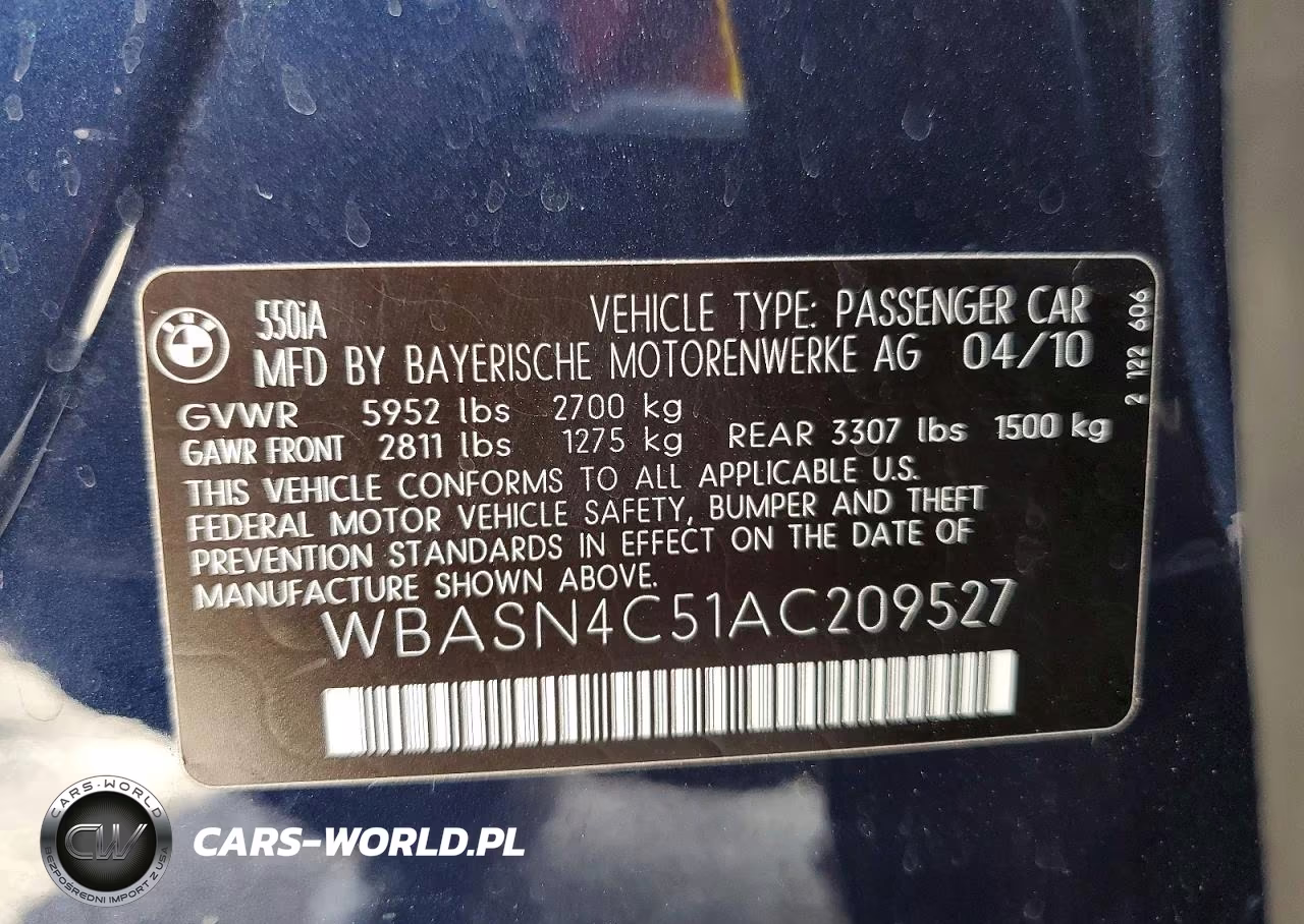 2010 BMW 550 Gt VIN:WBASN4C51AC209527 - 12