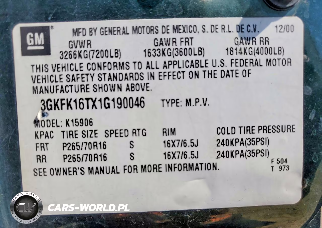 2001 GMC Yukon Xl K1500 VIN:3GKFK16TX1G190046 - 13