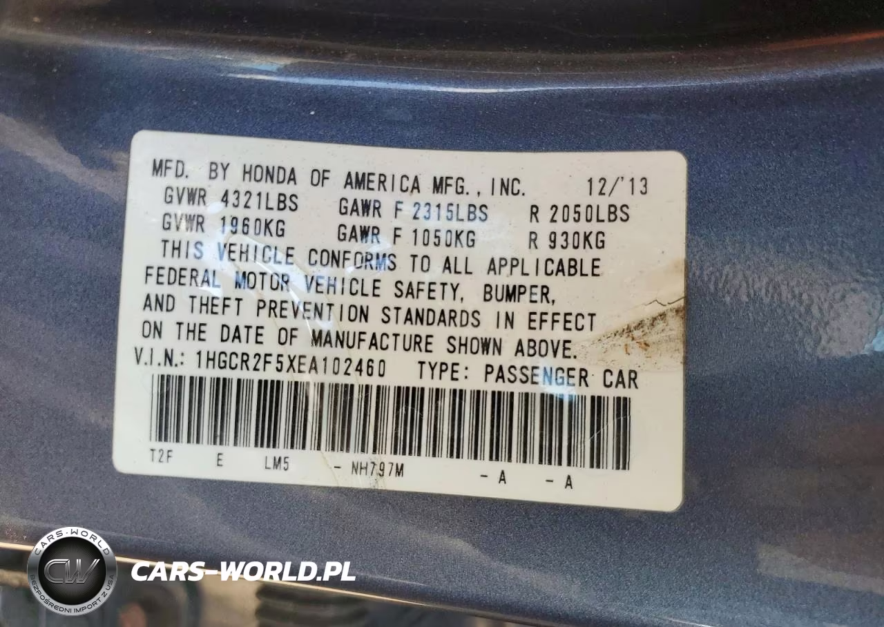 2014 Honda Accord Sport VIN:1HGCR2F5XEA102460 - 12