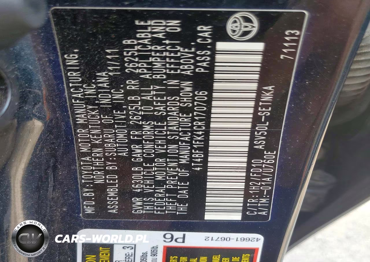 2012 Toyota Camry Le VIN:4T4BF1FK4CR170706 - 12