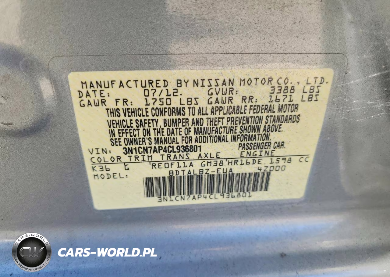 2012 Nissan Versa 1.6 S VIN:3N1CN7AP4CL936801 - 12