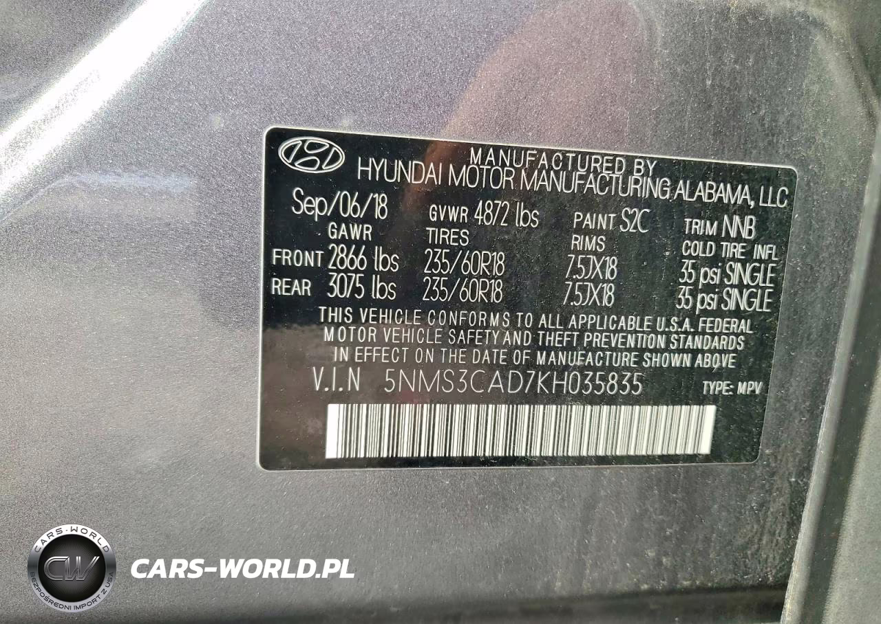 2019 Hyundai Santa Fe Sel Plus 2.4L VIN:5NMS3CAD7KH035835 - 13