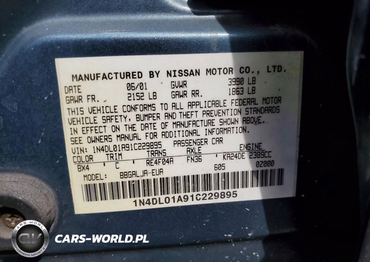 2001 Nissan Altima Gxe VIN:1N4DL01A91C229895 - 13