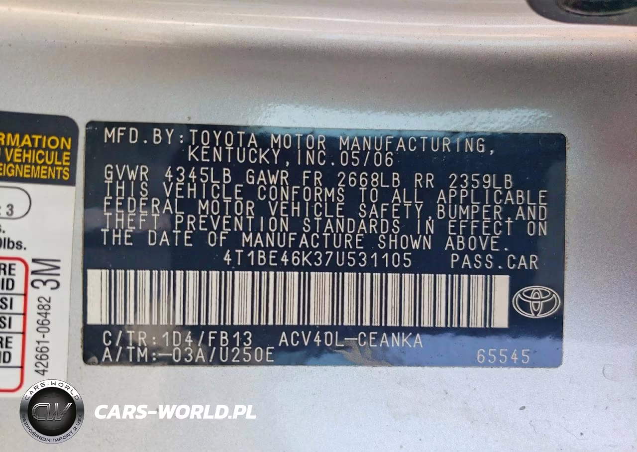 2007 Toyota Camry Le VIN:4T1BE46K37U531105 - 12