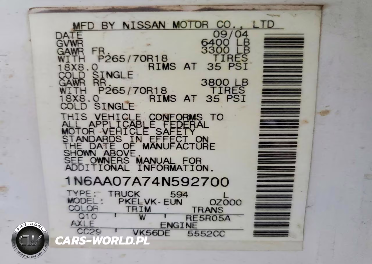 2004 Nissan Titan Xe VIN:1N6AA07A74N592700 - 12