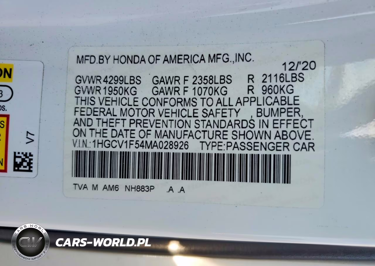 2021 Honda Accord Exl VIN:1HGCV1F54MA028926 - 12