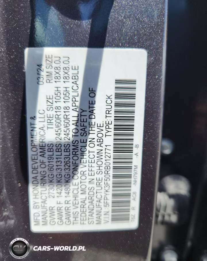 2024 Honda Ridgeline Rtl VIN:5FPYK3F50RB012771 - 12