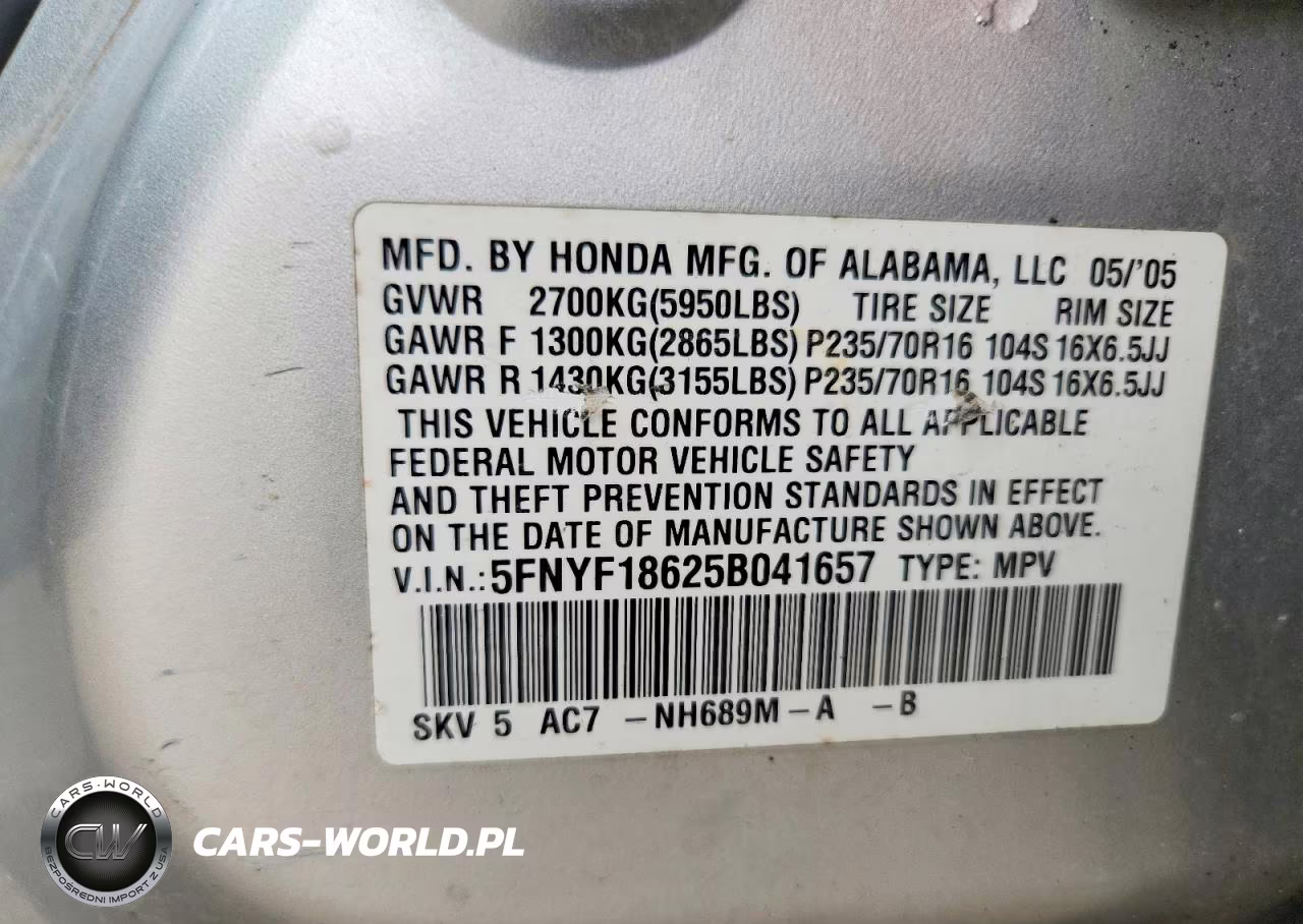 2005 Honda Pilot Exl VIN:5FNYF18625B041657 - 13