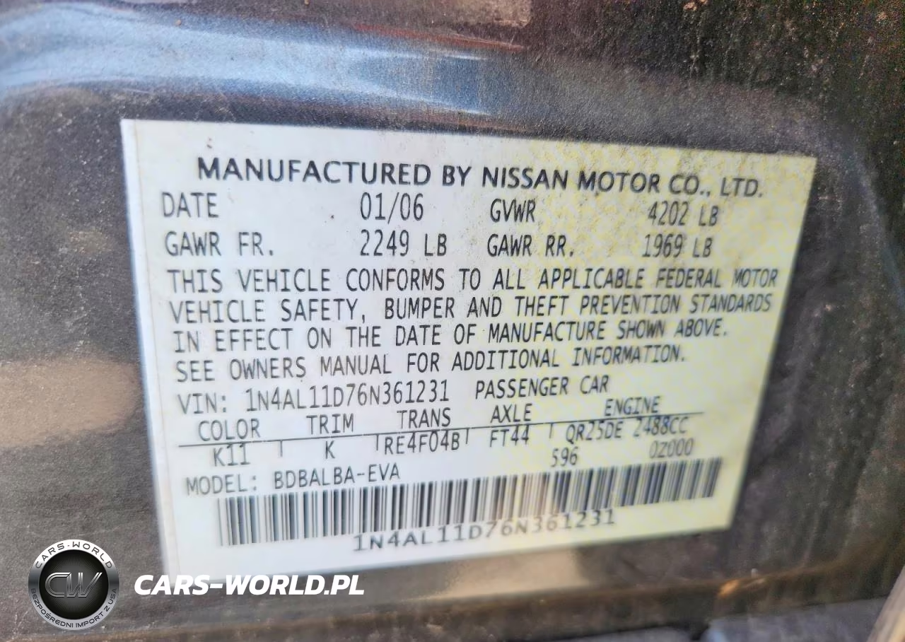 2006 Nissan Altima 2.5 VIN:1N4AL11D76N361231 - 12