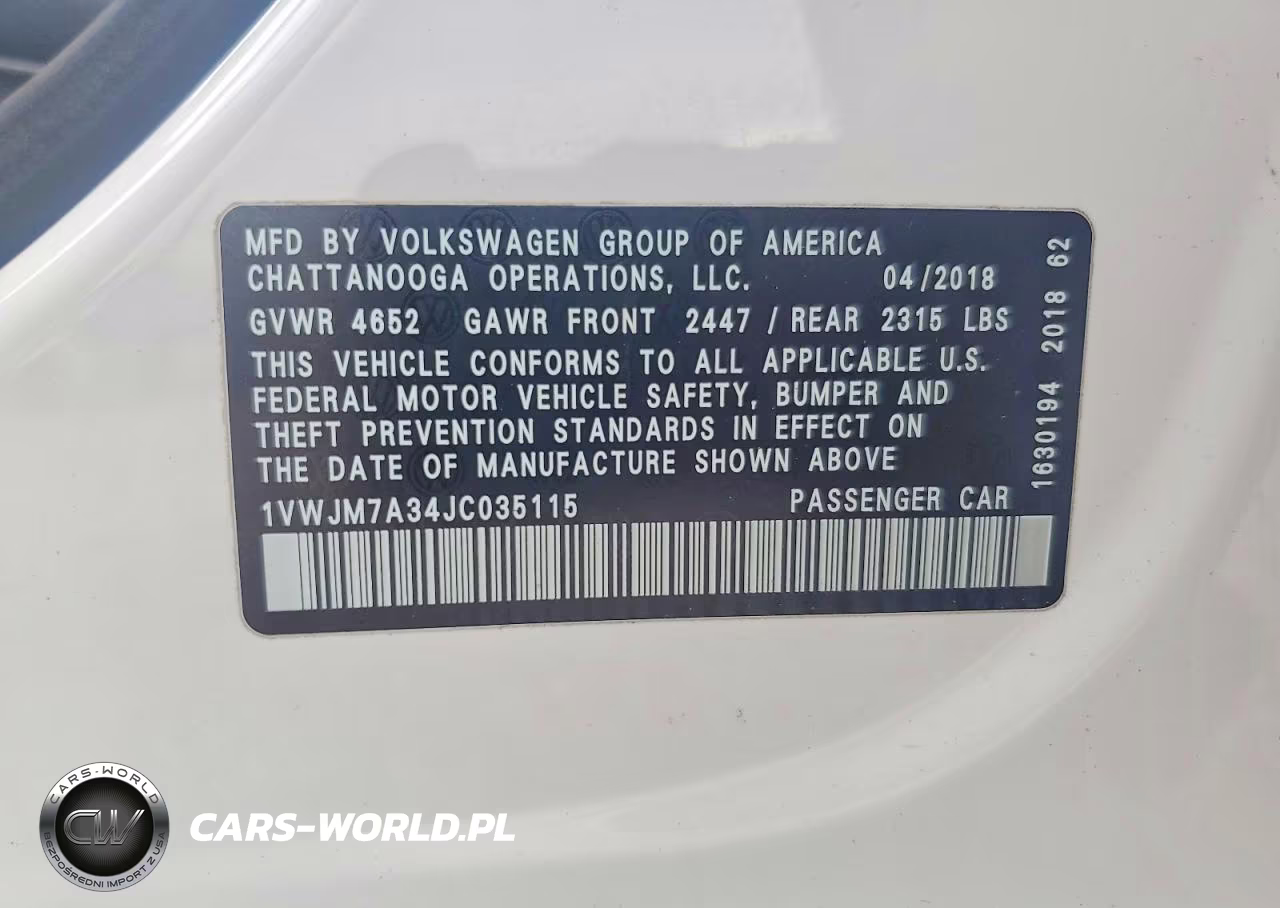 2018 Volkswagen Passat Gt VIN:1VWJM7A34JC035115 - 12