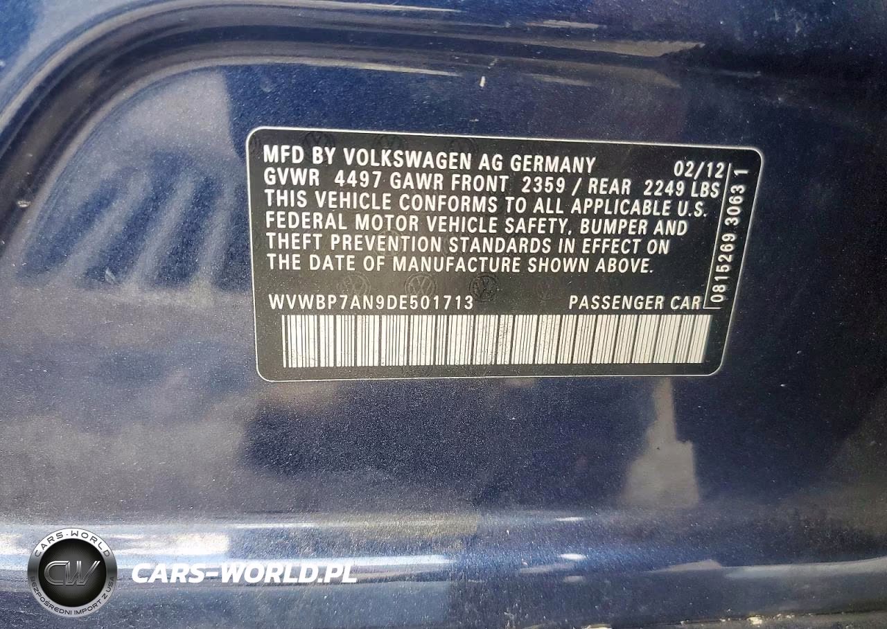 2013 Volkswagen Cc Sport VIN:WVWBP7AN9DE501713 - 12