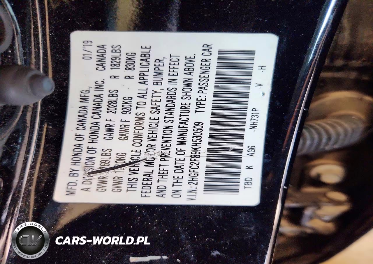 2019 Honda Civic Sport VIN:2HGFC2F89KH530509 - 12