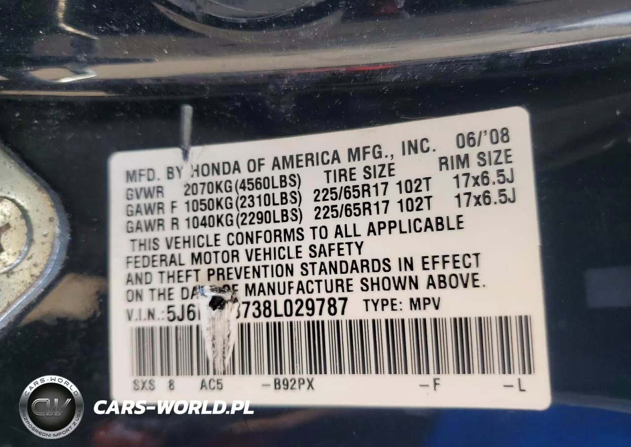 2008 Honda Cr-V Exl VIN:5J6RE48738L029787 - 14