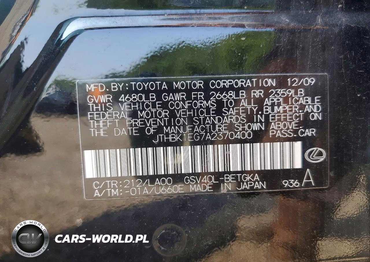 2010 Lexus Es 350 VIN:JTHBK1EG7A2370400 - 12