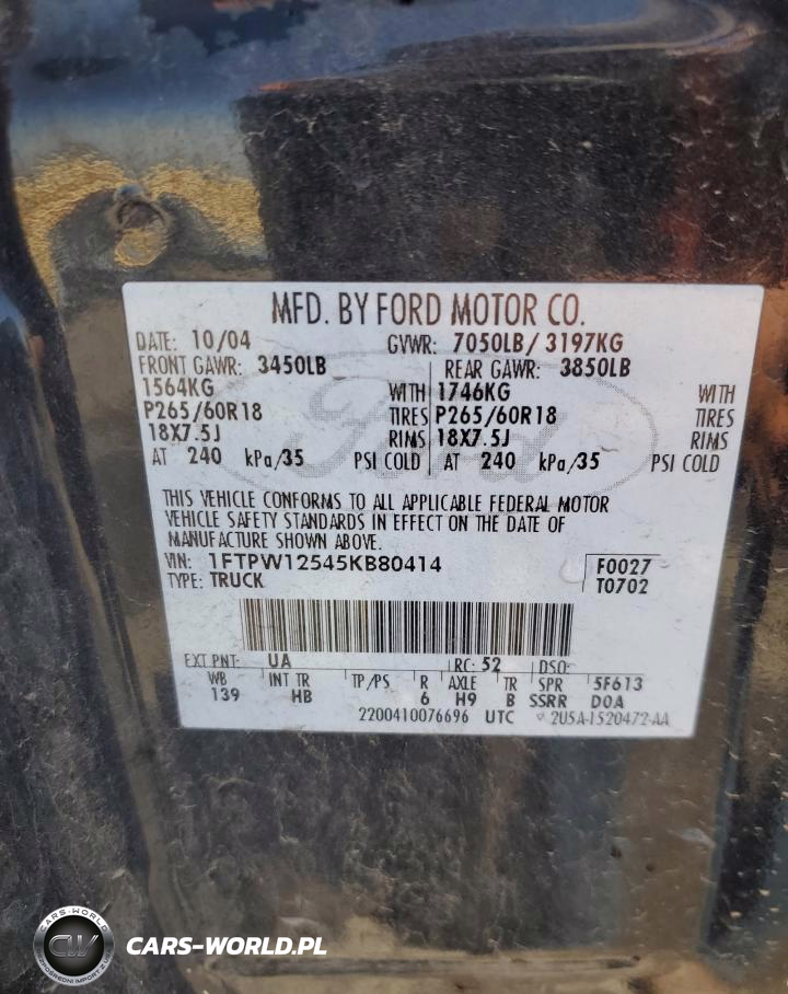 FORD F150 SUPER VIN:1FTPW12545KB80414 - 12