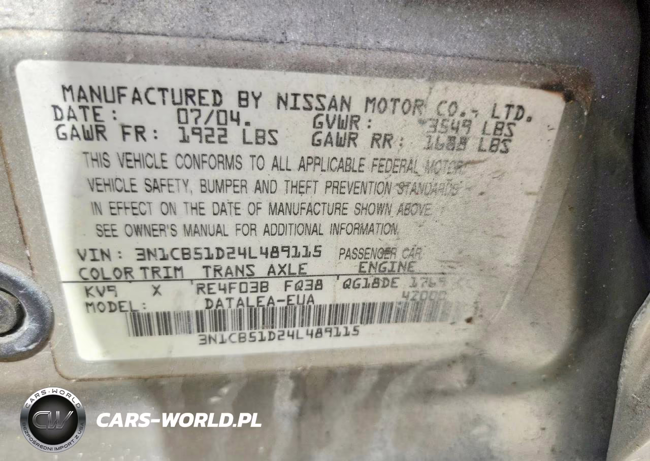 2004 Nissan Sentra 1.8 VIN:3N1CB51D24L489115 - 12