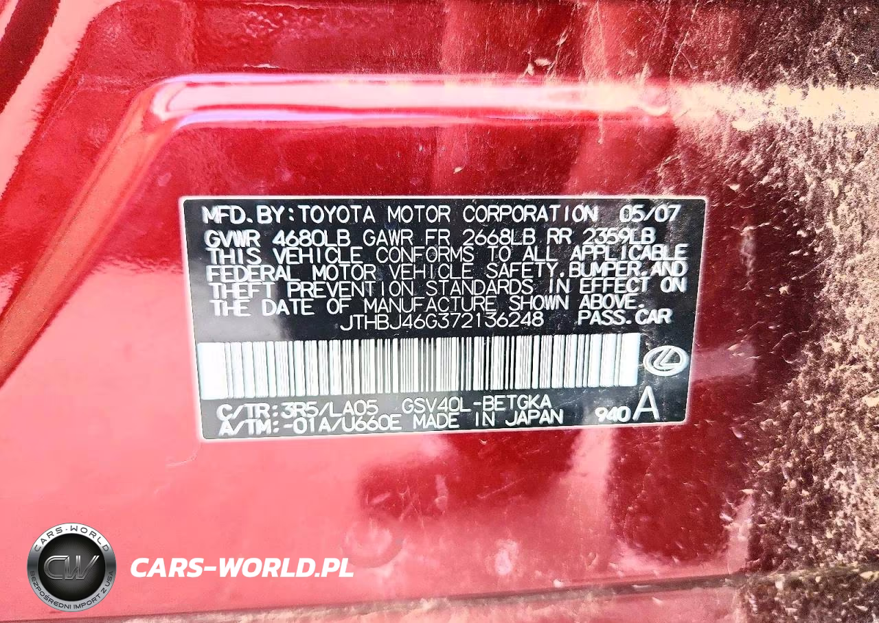 2007 Lexus Es 350 VIN:JTHBJ46G372136248 - 12